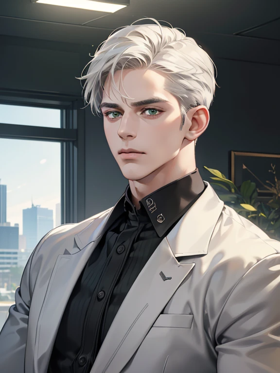 (best quality, masterpiece, 8K, photorealistic, cinematic lighting, hdr image, ultra detailed, beautiful image), 1 man, 31 years old, mature man, very handsome, (without expression, serious), short white hair, green eyes ( penetrating gaze), imposing posture, businessman, office background