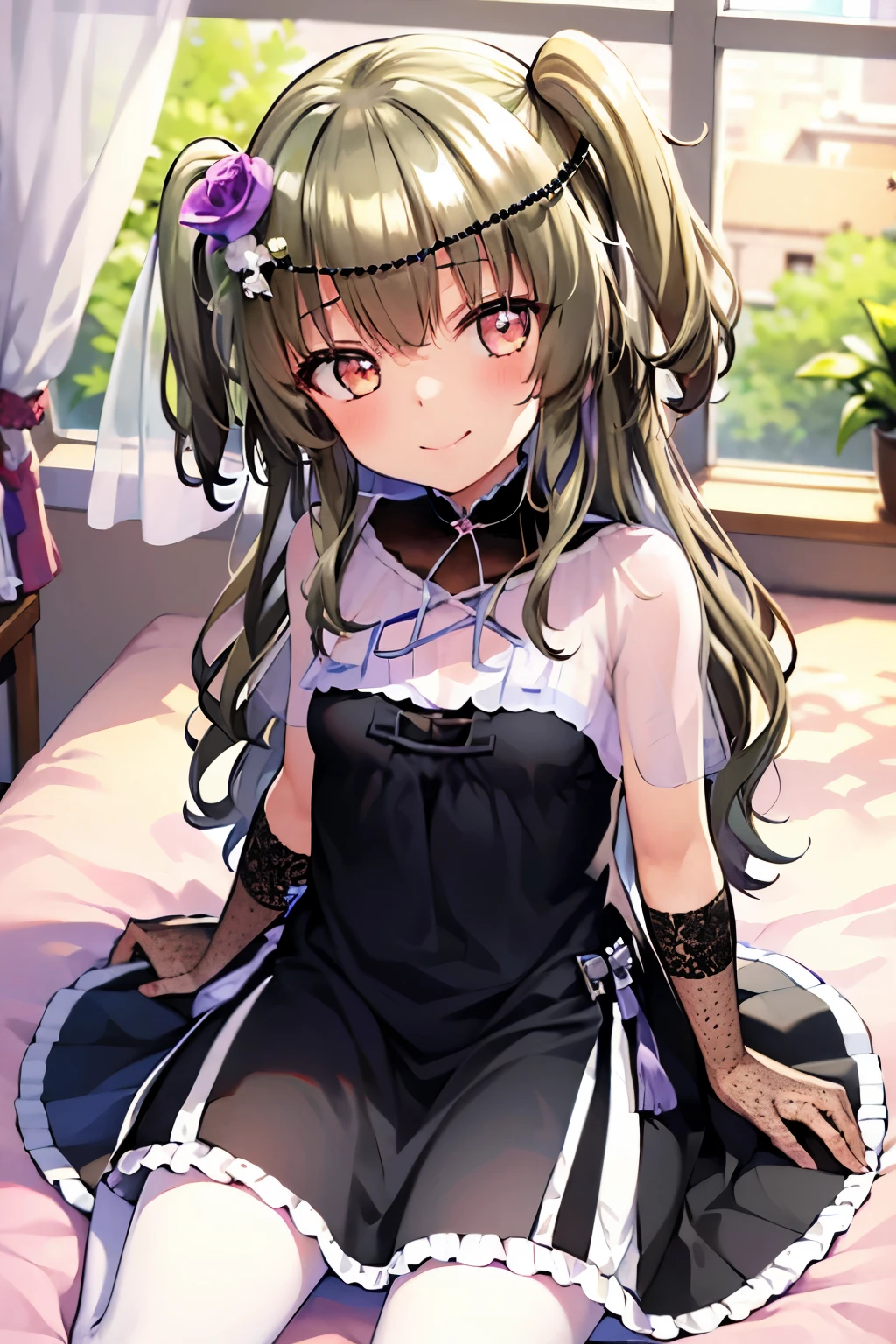 Himari Mei, masterpiece, , cute, flat chest, cute and shy smile, black dress, perfect body, full body, head tilt, sitting, in princess style bedroom, face waiting for kiss