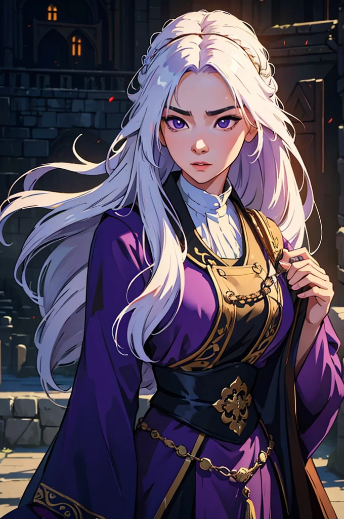 A detailed, high-quality asian woman with long white hair, purple eyes, medieval dress, singing in a medieval arena, (best quality,4k,8k,highres,masterpiece:1.2),ultra-detailed,(realistic,photorealistic,photo-realistic:1.37),portrait,fantasy,cinematic lighting,dramatic,intricate details,volumetric lighting,rich colors,dramatic shadows,elegant,beautiful,serene