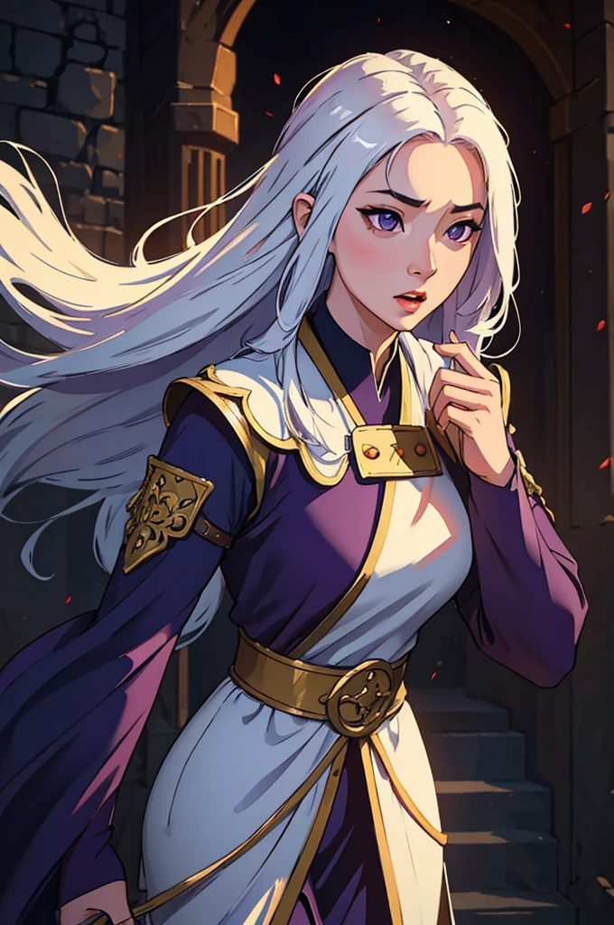 A detailed, high-quality asian woman with long white hair, purple eyes, medieval dress, singing in a medieval arena, (best quality,4k,8k,highres,masterpiece:1.2),ultra-detailed,(realistic,photorealistic,photo-realistic:1.37),portrait,fantasy,cinematic lighting,dramatic,intricate details,volumetric lighting,rich colors,dramatic shadows,elegant,beautiful,serene