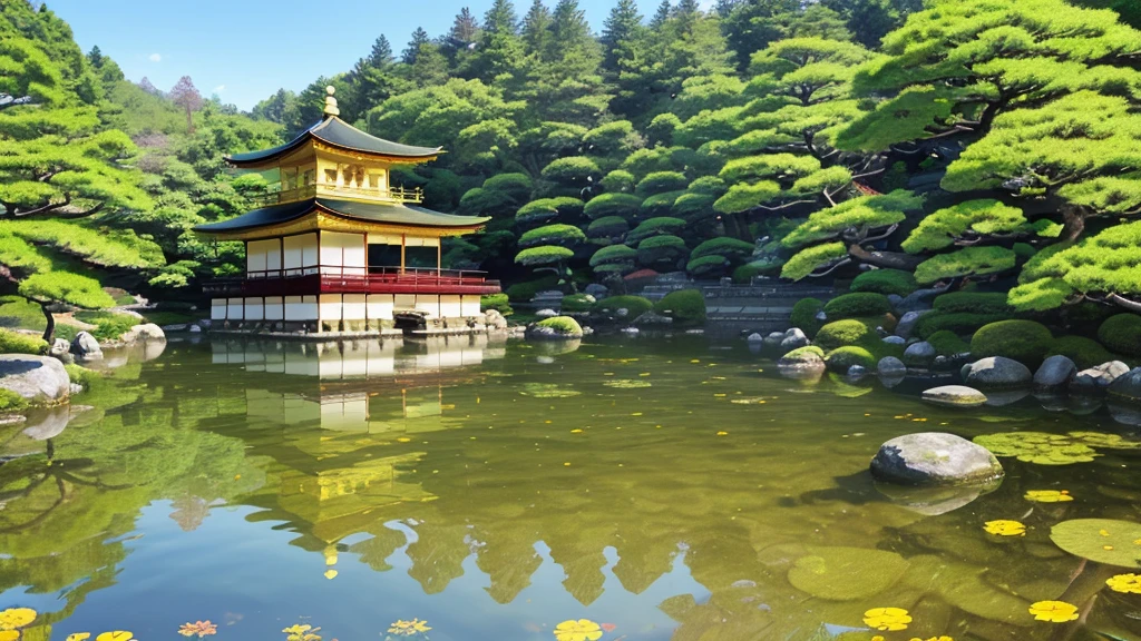 (Kinkaku-ji), (Golden Pavilion), Kyoto, (summer), green gardens, (pond reflection), (gold leaf), blue sky, tranquil, lush greenery, (manicured trees), (stone bridge), koi fish, serene, majestic, Japanese architecture, peaceful