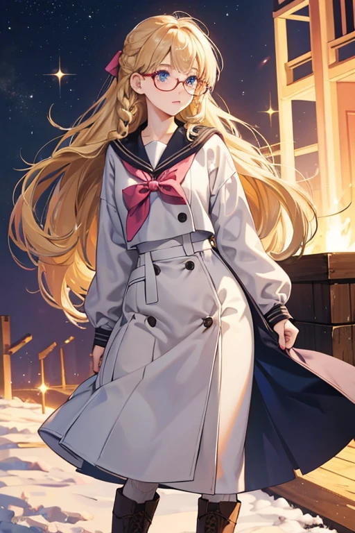 blonde hair and dark blue eyes her hair is tied into a long side braid with a large hair bow, while her bangs are held back on the right side by bobby pins. She wears glassesshe wears a long pink double-breasted coat with a sailor collar attached, over a white blouse with a red neckbow, a pair of white trousers, and tall brown boots. SPARKLE; GLITTER