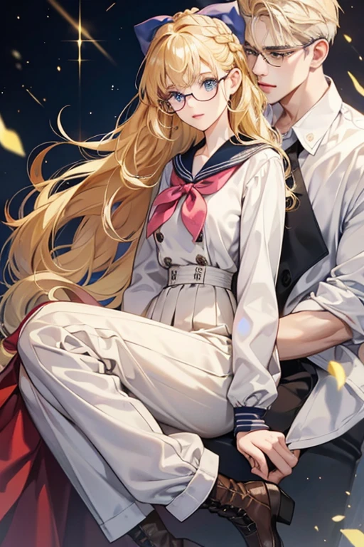 blonde hair and dark blue eyes her hair is tied into a long side braid with a large hair bow, while her bangs are held back on the right side by bobby pins. She wears glassesshe wears a long pink double-breasted coat with a sailor collar attached, over a white blouse with a red neckbow, a pair of white trousers, and tall brown boots. SPARKLE; GLITTER