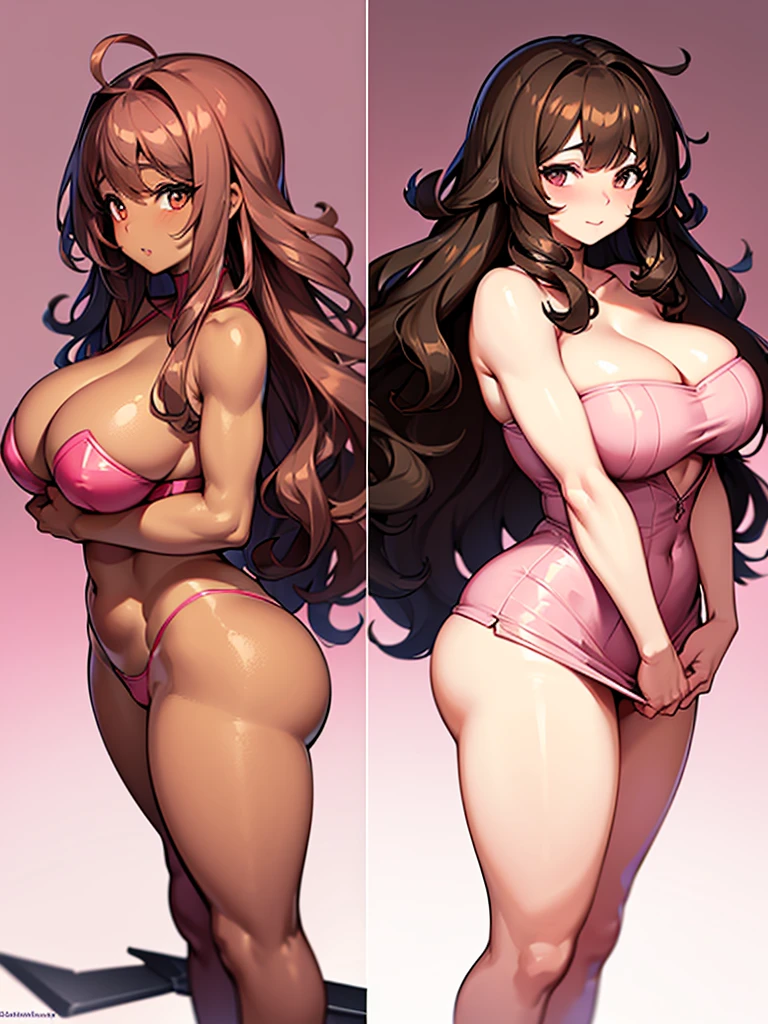 thick and curvy, brown skin, long curly brown hair with bangs, brown eyes, coquette style with pink.