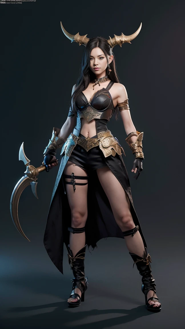 Game character standing drawing design,Hell monsters,short,Strong limbuscle explosions,Covered with scales and barbs,cunning,shadowy,uncanny,terroral,scythe,Fighting posture,(full bodyesbian:1.4),with black background,clean backdrop,depth of fields,high light,Real light,Ray traching,OC renderer,UE5 renderer,Hyper-realistic,best qualtiy,8K,Works of masters,super-fine,Detailed pubic hair,Correct anatomy,