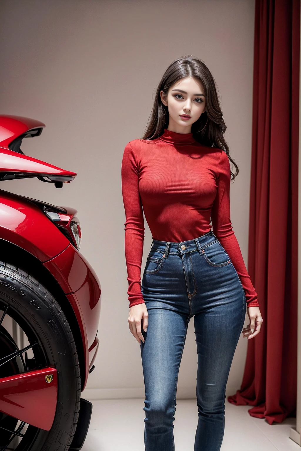 (best quality,4K,high resolution,masterpiece:1.2),Very detailed,Practical,photoPractical:1.37,portrait,beautiful eyes,Delicate lips,Strong gaze,Beautiful figure,Curved hips,Slim waist,Wide hips,Red Racing,Red shirt and jeans,Alfa Romeo Ms...,Wear tight, Simple clothes,Kimi Bella,F1 driver Charles Leclerc,Red clothing with Ferrari logo,Tight clothing,Upright posture,Confident look,Radiant Skin,Heavy makeup,Bold Hairstyle,Stunning model-like features,Long legs,Stilettos,Thigh width,Elegant Posture,Charming,Photo shooting settings,Studio Lighting,High contrast,Rich colors,Sexy atmosphere,emotional atmosphere.