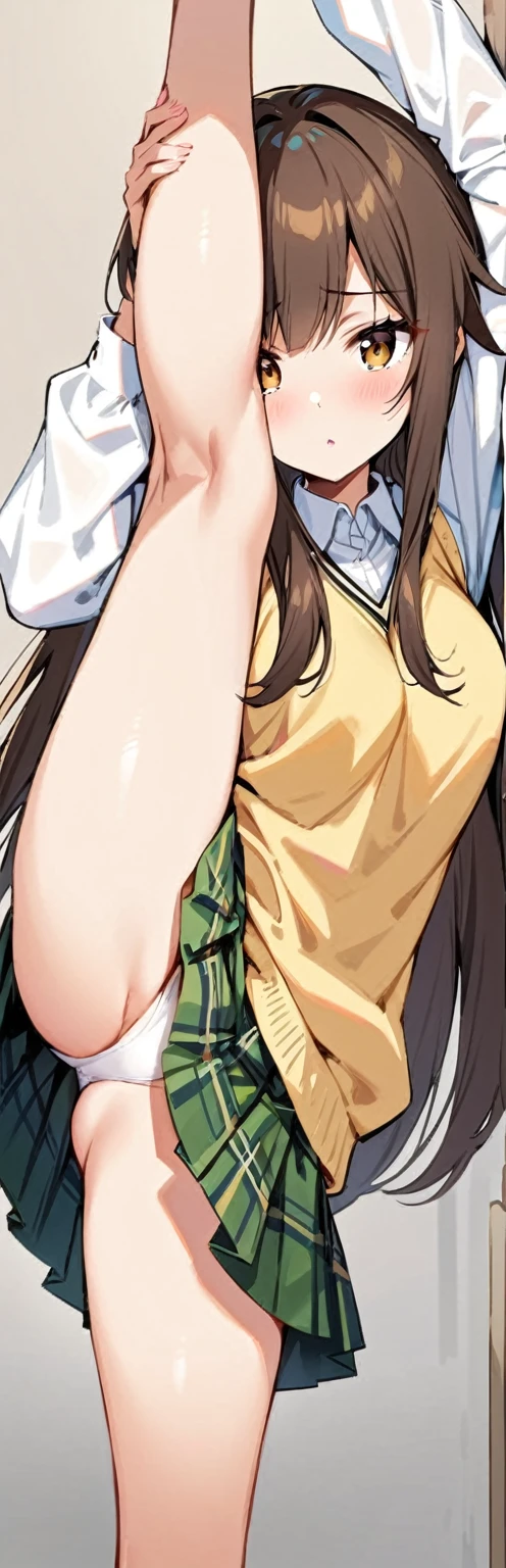 (masterpiece, best quality:1.2), 1girl, solo,standing_split, 
Mikan Yuuki, brown eyes, brown hair, hair ornament,long hair,green plaid skirt, sainan high , , white shirt, yellow sweater vest,

