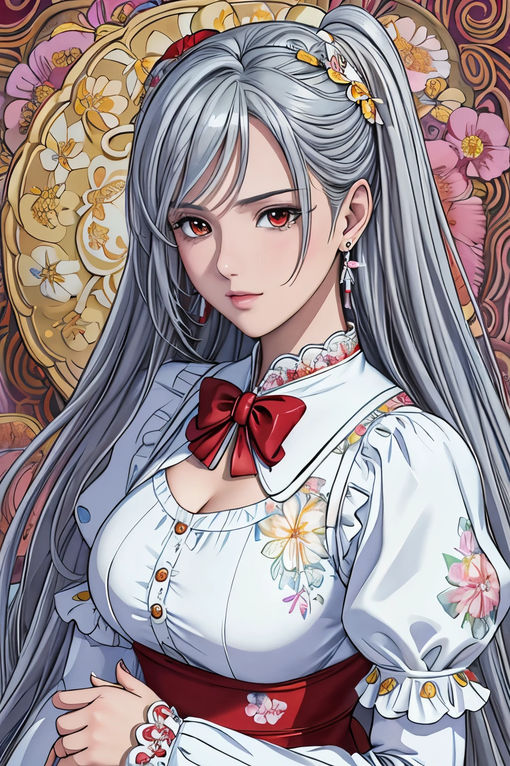 (masterpiece, top-quality, top-quality, Official art, Beautifully Aesthetic:1.2), red eyes, (highest quality, masterpiece painting:1.3), immature woman, 16 years old, (half body shot), masterpiece, ultra high resolution, (((rainbow dress, ornate dress, puffy sleeves, juliet sleeves, (long sleeves:1.2), red bow,))), Decorative panel, abstract art, (shot from a side angle), (Photoreal:1.0), ((light silver hair)),straight hair, beautiful shining hair, pigtails, white and shining skin, Painterly, sketch, Texture, 超A high resolution, solo, Beautuful Women, A highly detailed, (Fractal Art:1.1), (colourfull:1.1), (florals:1.6), The most detailed, (Zentangle:1.2), (Dynamic Poses), (Abstract background:1.3), (shinny skin), (Many colors:0.8), (earrings:1.4), (pluma:0.9), Taisho romance,