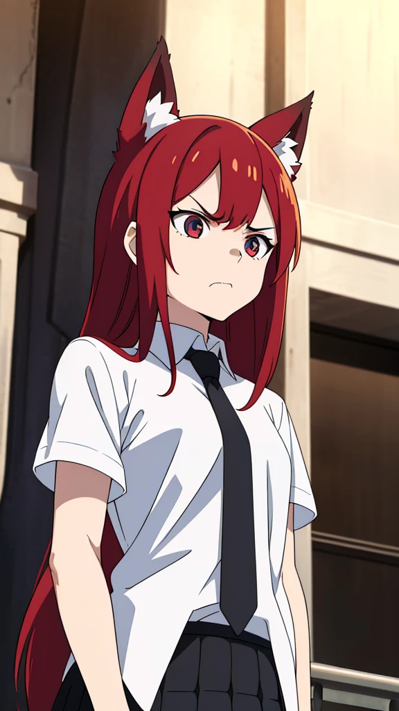 Symmetrical Eyes, age late 20,1girl ,angry face,white shirt,short sleeves,(black standard tie),white school skirt,(red hair),long hair,fox ears,Shot from below,university balcony,(expressive eyes, perfect face) portrait,focus on face