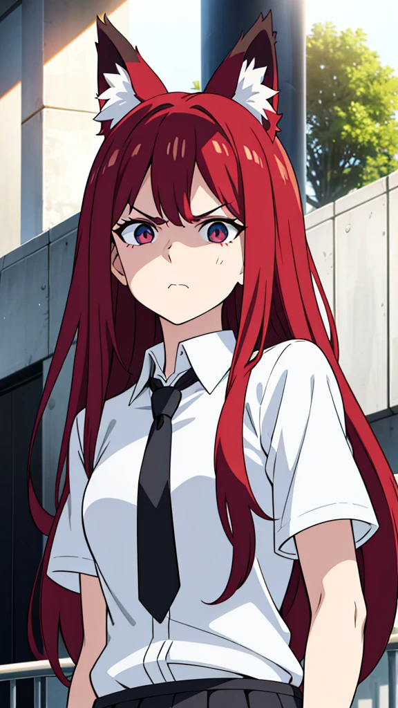 Symmetrical Eyes, age late 20,1girl ,angry face,white shirt,short sleeves,(black standard tie),white school skirt,(red hair),long hair,fox ears,Shot from below,university balcony,(expressive eyes, perfect face) portrait,focus on face