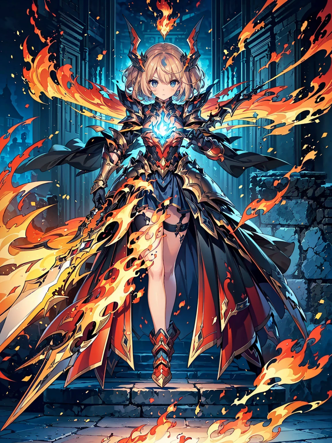 Design a layout showcase Gaming character, (1girl). Gold+Red intricate full body armor, fiery and majestic, ((showcase weapon:1.4)), flame whip, (masterpiece:1.2), (best quality), 4k, ultra-detailed, (Step by step design, layout art:1.5), (flaming lighting, fiery setting), fire mage, ((flame gloves)), (((revealing armor:1.3))), flame vambraces, fireproof boots, (((full_body_shot:1.4)))