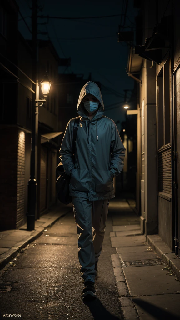 Create an image of a mysterious figure standing under the light of a street lamp, wearing a surgical mask. The figure should be partially shaded to increase the mystery, with the student cautiously approaching.