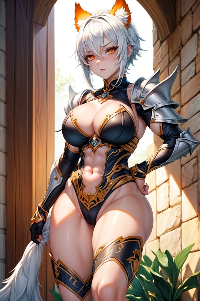 beautiful woman with short white hair, orange inferno eyes, wolf ears and a braided ponytail. She is wearing a revealing, ????, fantasy knight armor with legplates. Her body is muscular and she is incredibly ????. Her eyes are orange. She has strong, muscular arms and thick thighs. Wide ????.