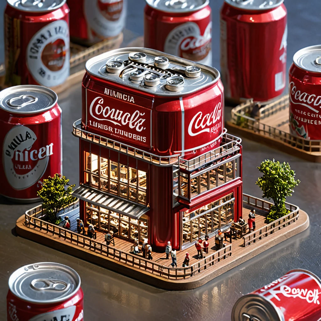 (masterpiece, top quality, best quality),(ultra-detailed, absolutely resolution),((16k, high res)),

BREAK {The miniature material is unified with balsa wood}, 

BREAK {hyper-realistic photo of a miniature cola factory inside a cola can. The interior should feature tiny machinery, conveyor belts, and workers, all engaged in the process of making and bottling cola. The cola can should be cut open to reveal the intricate details of the factory inside. Use soft, natural lighting to highlight the machinery and the reflective surfaces of the can. Include elements such as miniature cola bottles, crates, and factory signage to enhance the authenticity of the scene. The overall atmosphere should be bustling and detailed, capturing the complexity and charm of a fully functioning miniature cola factory within a cola can.}

BREAK { (produces images with information more than 40 million pixels with cinematic-like detailed textures shot on a Sony SLR).}