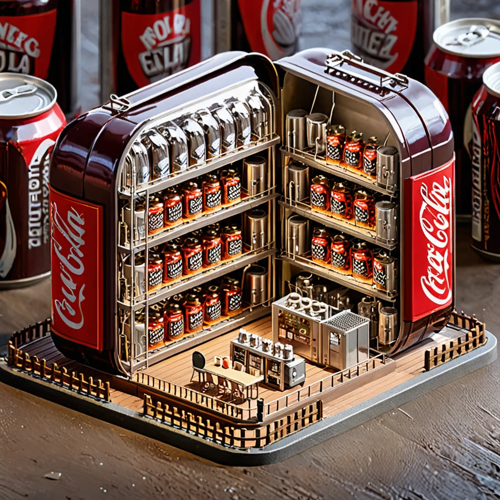 (masterpiece, top quality, best quality),(ultra-detailed, absolutely resolution),((16k, high res)),
BREAK {The miniature material is unified with balsa wood},
BREAK {hyper-realistic photo of a miniature cola factory inside a cola can. The interior should feature tiny machinery, conveyor belts, and workers, all engaged in the process of making and bottling cola. The cola can should be cut open to reveal the intricate details of the factory inside. Use soft, natural lighting to highlight the machinery and the reflective surfaces of the can. Include elements such as miniature cola bottles, crates, and factory signage to enhance the authenticity of the scene. The overall atmosphere should be bustling and detailed, capturing the complexity and charm of a fully functioning miniature cola factory within a cola can.}
BREAK { (produces images with information more than 40 million pixels with cinematic-like detailed textures shot on a Sony SLR).}