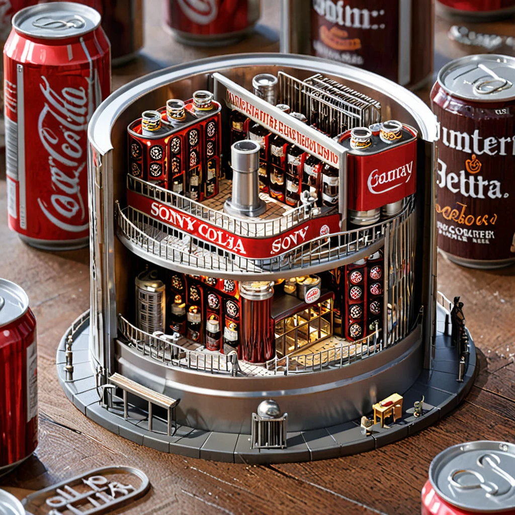 (masterpiece, top quality, best quality),(ultra-detailed, absolutely resolution),((16k, high res)),
BREAK {The miniature material is unified with balsa wood},
BREAK {hyper-realistic photo of a miniature cola factory inside a cola can. The interior should feature tiny machinery, conveyor belts, and workers, all engaged in the process of making and bottling cola. The cola can should be cut open to reveal the intricate details of the factory inside. Use soft, natural lighting to highlight the machinery and the reflective surfaces of the can. Include elements such as miniature cola bottles, crates, and factory signage to enhance the authenticity of the scene. The overall atmosphere should be bustling and detailed, capturing the complexity and charm of a fully functioning miniature cola factory within a cola can.}
BREAK { (produces images with information more than 40 million pixels with cinematic-like detailed textures shot on a Sony SLR).}