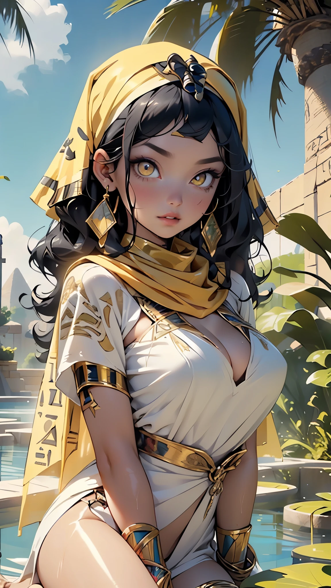 girl from ancient Egypt,1girl,
(large breasts:1.4),saggy breasts,((((straight hair, hair long,black hair:1.5,colored inner hair)))),(((yellow_eyes:1.3))),intricate eyes,beautiful detailed eyes,symmetrical eyes,big eyes:1.2,((((lustrous skin:1.5,tanned skin,bright skin: 1.5,skin tanned,shiny skin,very shiny skin,shiny body)))),(spider lower abdomen,narrow waist,wide hip,athletic body,inflated legs,thick thighs),(((detailed face))),beautiful detailed lips,
cute,slutty,sensual,seductive,((erotic)),opulent,sumptuous,((nsfw)),
zettai ryouiki,revealing clothing,show skin,((silky golden skin)), fleshy lips, (((Egyptian headscarf:1.5))),jewelry and bracelets, with a gold and white plunging Egyptian garb,black canvas,(((barefoot))),egyptian outfit,((eyeshadow, egyptian makeup,eyelid makeup)),((((ceremonial gold paint all over the body)))),(((Transparent cloth:1.1,wet clothes,intricate outfit,embroidered outfit,ornate outfit,embroidered clothes,ornate clothes))),
dynamic and seductive pose,looking at viewer,embarrassed,centered,scale to fit dimensions,Rule of thirds,
outdoors,(egyptian palace,egyptian palace background,pyramids in the background),scenery,(oasis,oasis background),extremely scenery,(puddles everywhere,moss,moss on the background),clouds,Egypt style,Egypt castle,lily pads,palms,reeds,(sunset, golden hour),
(Glossy Egyptian ornaments),highres,sharp focus,(ultra detailed,extremely detailed),(photorealistic artwork:1.37),(extremely detailed CG unity 8k wallpaper),(((vibrant colors,vibrant theme))),(intricate),(masterpiece),(best quality),artistic photography,(photography taken by sldr),(intricate background),perfect rendered face,perfect face details,realistic face,photo realistic,((intricate detail)),(((realism))),
