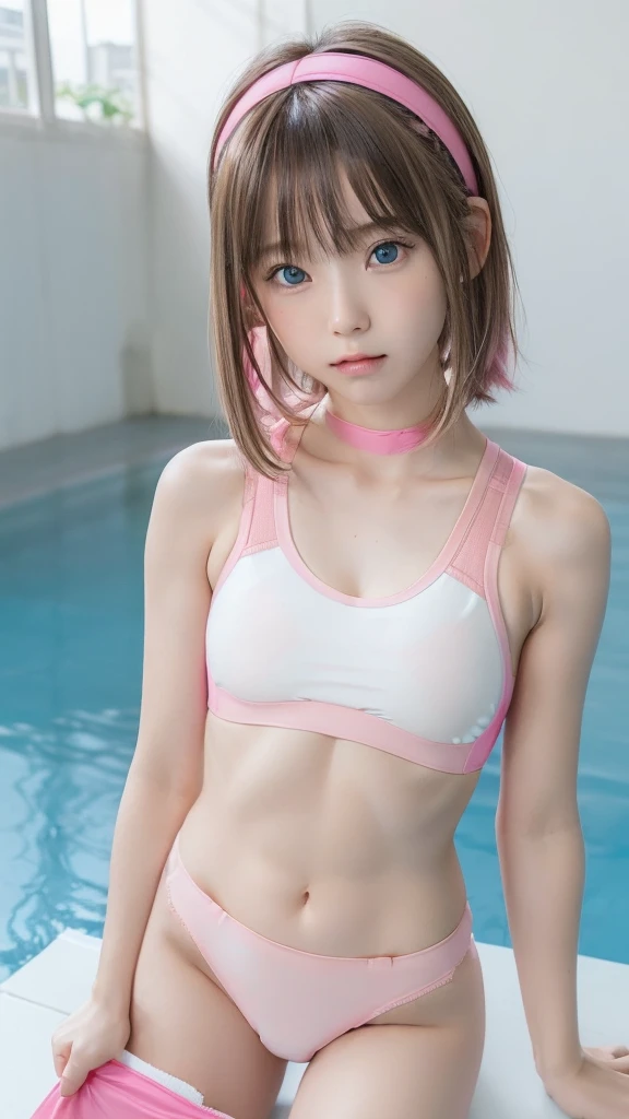 (((1 small cute girl/Super Flat Chest/whole body))),(((At the resort))),(((innocent))),(((Petite figure))),(((Big Blue Eyes))),(Lightroom:1.13)、Soft Light、(Natural Skin Texture:1.2)、(Hyperrealism:1.2)、Sharp Focus、Highest quality, Photorealistic, In 8K, High resolution, (Skin Dentition), (Portrait:0.6), Pure Eros Face_v1:1,(((A pure 10-year-old)))、Nice cute girl、(((hot pink and white and deep pink combination sports bra swimsuit/Small breasts:1.72))),((Dark blonde long straight hair/Hair band/Neckband, Parted bangs:1.7)), (((See through clothes))),(((Undersized clothing))),(((Revealing clothes))), (((Childlike)))、((())),(((Shot from below))),(((Super Flat Chest))),(((In the pussy part pantyliner))),(((NSFW)))