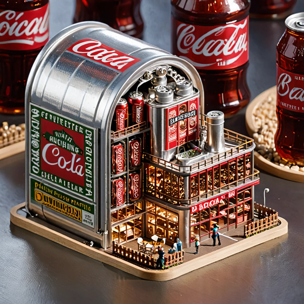 (masterpiece, top quality, best quality),(ultra-detailed, absolutely resolution),((16k, high res)),

BREAK {The miniature material is unified with balsa wood}, 

BREAK {hyper-realistic photo of a miniature cola factory inside a cola can. The interior should feature tiny machinery, conveyor belts, and workers, all engaged in the process of making and bottling cola. The cola can should be cut open to reveal the intricate details of the factory inside. Use soft, natural lighting to highlight the machinery and the reflective surfaces of the can. Include elements such as miniature cola bottles, crates, and factory signage to enhance the authenticity of the scene. The overall atmosphere should be bustling and detailed, capturing the complexity and charm of a fully functioning miniature cola factory within a cola can.}

BREAK { (produces images with information more than 40 million pixels with cinematic-like detailed textures shot on a Sony SLR).}