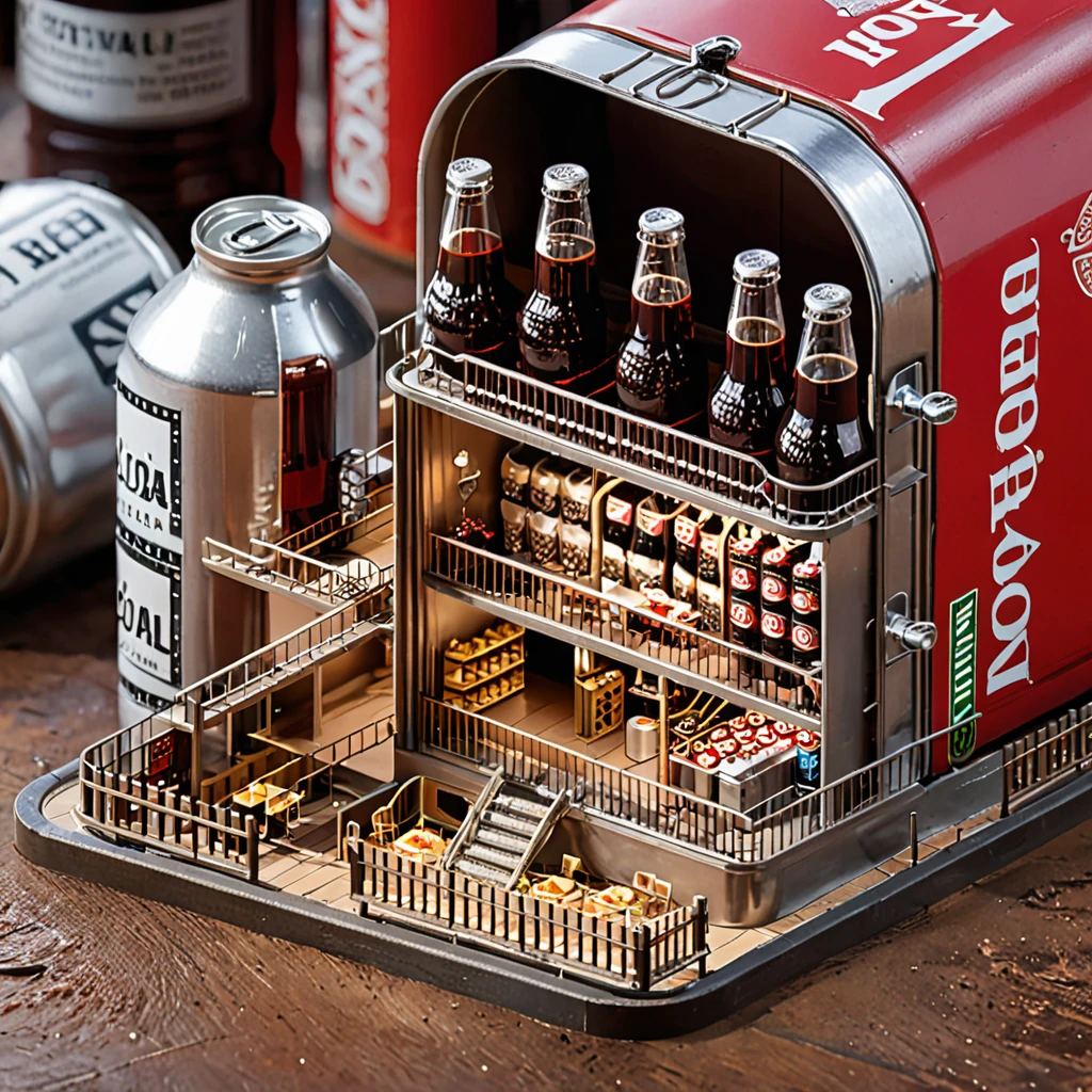 (masterpiece, top quality, best quality),(ultra-detailed, absolutely resolution),((16k, high res)),
BREAK {The miniature material is unified with balsa wood},
BREAK {hyper-realistic photo of a miniature cola factory inside a cola can. The interior should feature tiny machinery, conveyor belts, and workers, all engaged in the process of making and bottling cola. The cola can should be cut open to reveal the intricate details of the factory inside. Use soft, natural lighting to highlight the machinery and the reflective surfaces of the can. Include elements such as miniature cola bottles, crates, and factory signage to enhance the authenticity of the scene. The overall atmosphere should be bustling and detailed, capturing the complexity and charm of a fully functioning miniature cola factory within a cola can.}
BREAK { (produces images with information more than 40 million pixels with cinematic-like detailed textures shot on a Sony SLR).}