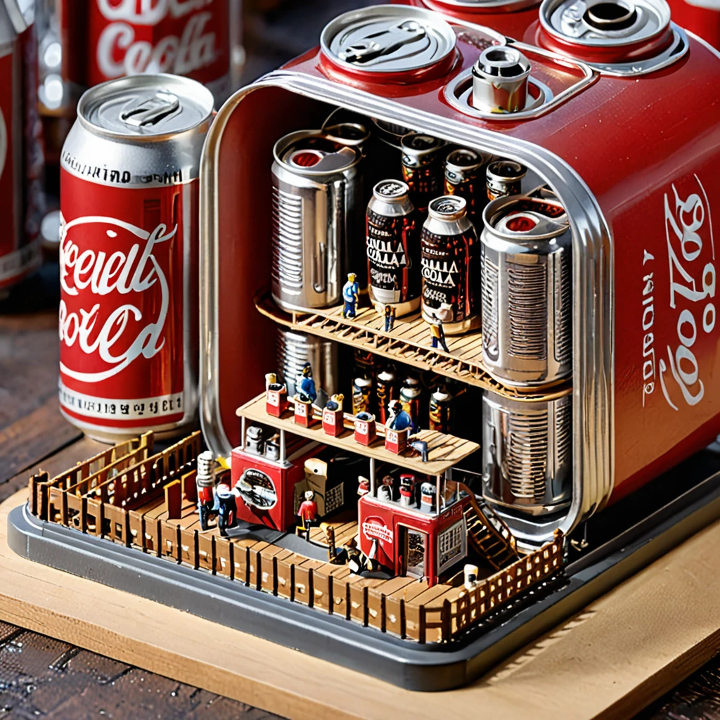 (masterpiece, top quality, best quality),(ultra-detailed, absolutely resolution),((16k, high res)),
BREAK {The miniature material is unified with balsa wood},
BREAK {hyper-realistic photo of a miniature cola factory inside a cola can. The interior should feature tiny machinery, conveyor belts, and workers, all engaged in the process of making and bottling cola. The cola can should be cut open to reveal the intricate details of the factory inside. Use soft, natural lighting to highlight the machinery and the reflective surfaces of the can. Include elements such as miniature cola bottles, crates, and factory signage to enhance the authenticity of the scene. The overall atmosphere should be bustling and detailed, capturing the complexity and charm of a fully functioning miniature cola factory within a cola can.}
BREAK { (produces images with information more than 40 million pixels with cinematic-like detailed textures shot on a Sony SLR).}