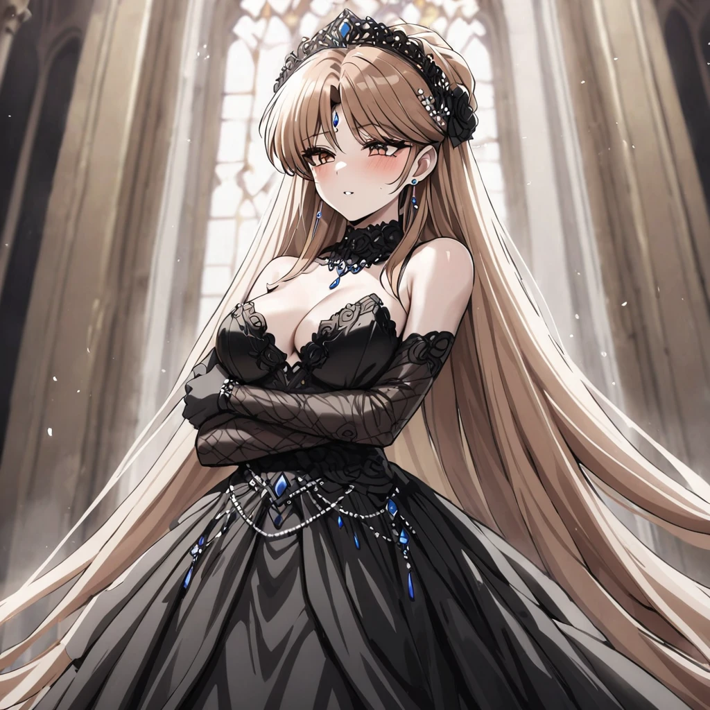 ((Highest quality)), ((masterpiece)), (detailed), (Perfect Face)、The woman is Princess Leona, with long light brown hair and a gorgeous, sexy and seductive black wedding dress with a gorgeous black wedding veil and gorgeous jewelry accessories.、In a luxurious church wedding hall, a woman is getting married, embracing the arm of a dignified and powerful middle-aged evil emperor dressed in a luxurious black outfit.、The woman has long hair