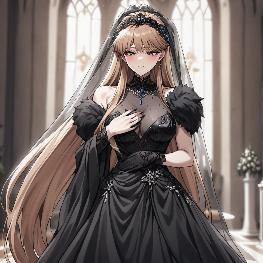 ((Highest quality)), ((masterpiece)), (detailed), (Perfect Face)、The woman is Princess Leona, with long light brown hair and a gorgeous, sexy and seductive black wedding dress with a gorgeous black wedding veil and gorgeous jewelry accessories.、In a luxurious church wedding hall, a woman is getting married, embracing the arm of a dignified and powerful middle-aged evil emperor dressed in a luxurious black outfit.、The woman has long hair
