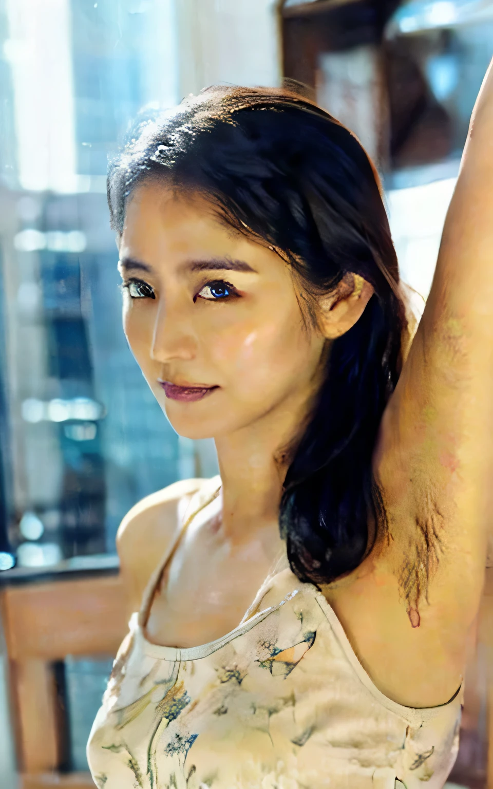 ((Armpit Pose、Armpit、Raise your hands to show your armpits、Detailed armpit wrinkles、Detailed skin texture、ciinematic light、top-quality、8K、masterpiece:1.3))、1girl in、Beautiful woman with slender abs:1.2、(Ted White hair、small tits:1.3)、String panties、bura:1.2、Strapless、Seductive open lip、sofas、hyperdetailed face、A detailed eye、double eyelid、high-ponytail Hairstyle、Brown hair、Latin blood、Seductive eyes、Armpit hair、Armpit Hair