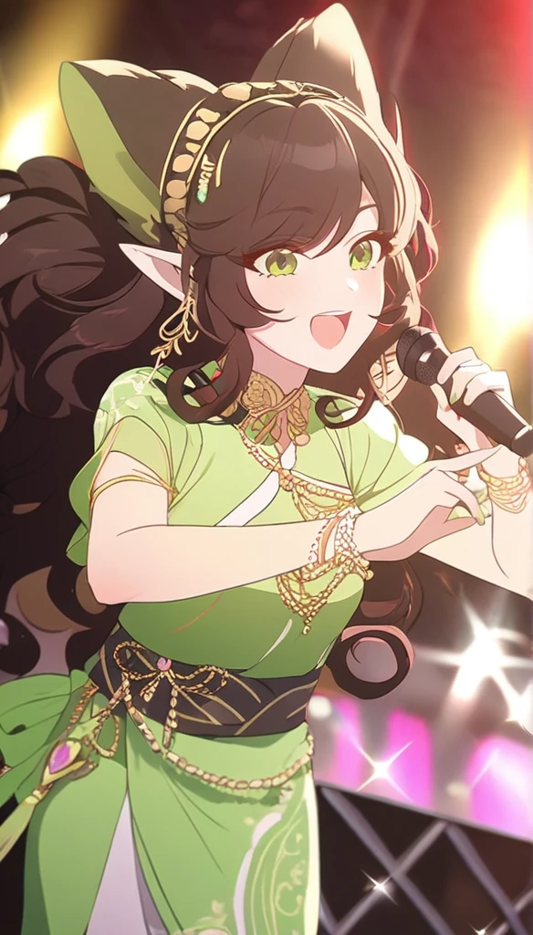 1femboy, elven ears, symphony god, sweet brown hair, long curly hairstyle, glowing green eyes, concert, idol, elegant thai clothes,