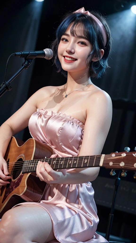((best quality)), photorealistic, photorealism, Photorealistic, high resolution, ((Wearing pink satin strapless dress, headband))、smile、A superb beauty、Super cute、adorable、ennui、Rare beauty、Very Short hair、Black Dark Eyeshadow、Sad、white skin、pale skin, Very short hair layered、Dark Gothic Makeup、Cute Smile、Fragrant beauty、Garden background、Mastepiece、Best Quality、Refers to 5 books、Sweat glistening on my chest、Sweat glistening on my face、Medium breasts、Blue hair、Age 20 years old、Mysterious look、A sad expression、Blue Hair、Glamorous concert stage、enchanting castle、Sweating profusely all over the body、A lot of sweat and light on the thighs、Shiny thighs、Plenty of sweat glistening on the thighs、A large amount of sweat glistens on my thighs、Sweating profusely、Gal、Medium breasts、Beautiful face、Alluring expression、Sitting、Sitting playing guitar、Thick thighs、Playing guitar、I have a guitar、Sing a song enthusiastically、Playing guitar in a band、Rock band、Playing guitar chords、Live House Background、Sing a song、Open your mouth、Live house scenery、Mic stand、Glamorous live stage、Dynamic Angle、Cinematic lighting