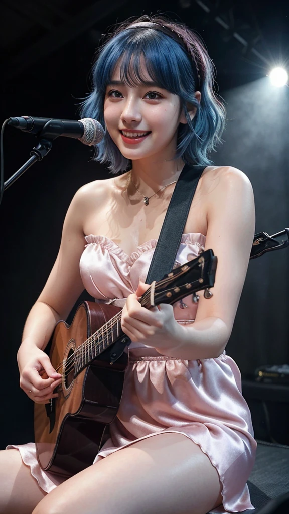 ((best quality)), photorealistic, photorealism, Photorealistic, high resolution, ((Wearing pink satin strapless dress, headband))、smile、A superb beauty、Super cute、adorable、ennui、Rare beauty、Very Short hair、Black Dark Eyeshadow、Sad、white skin、pale skin, Very short hair layered、Dark Gothic Makeup、Cute Smile、Fragrant beauty、Garden background、Mastepiece、Best Quality、Refers to 5 books、Sweat glistening on my chest、Sweat glistening on my face、Medium breasts、Blue hair、Age 20 years old、Mysterious look、A sad expression、Blue Hair、Glamorous concert stage、enchanting castle、Sweating profusely all over the body、A lot of sweat and light on the thighs、Shiny thighs、Plenty of sweat glistening on the thighs、A large amount of sweat glistens on my thighs、Sweating profusely、Gal、Medium breasts、Beautiful face、Alluring expression、Sitting、Sitting playing guitar、Thick thighs、Playing guitar、I have a guitar、Sing a song enthusiastically、Playing guitar in a band、Rock band、Playing guitar chords、Live House Background、Sing a song、Open your mouth、Live house scenery、Mic stand、Glamorous live stage、Dynamic Angle、Cinematic lighting