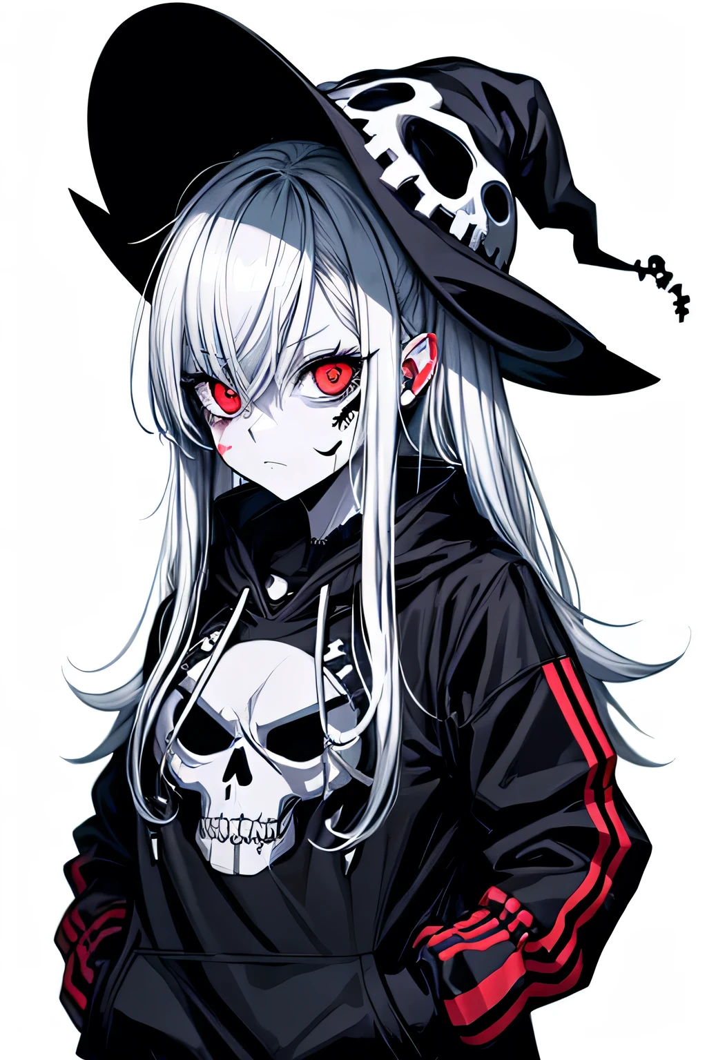 Anime Zombie Witch Design, Crossbones, skull, Streetwear-Design, Pro-Vector, Horror-Stil, Complete design, Only 6 colors, solid colors, no shadows, Complete design, sticker, bright colors, White background.