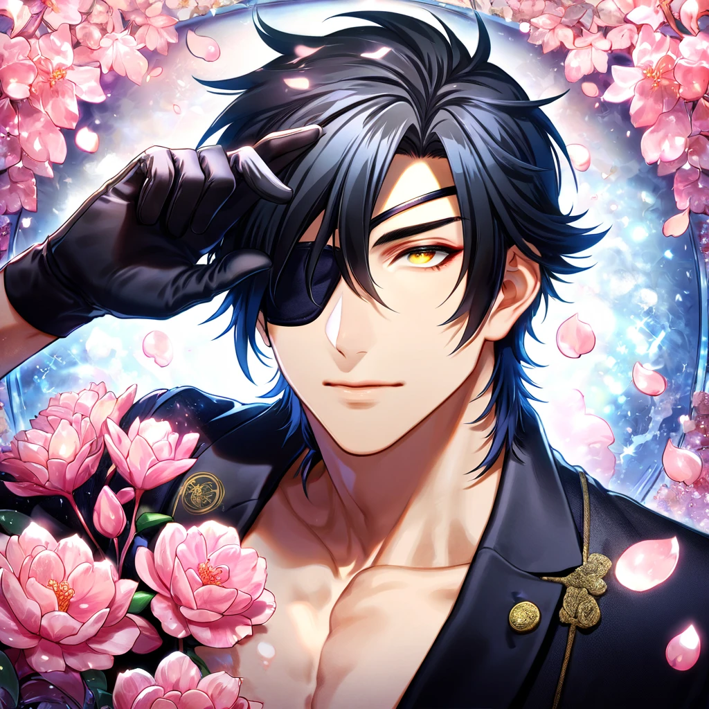 absurdres, highres, ultra detailed, HDR, master piece, best quality, Mitsutada Shokudaikiri, black hair, expressive yellow eyes, Touken Ranbu, solo, sexy man, handsome, black clothes, black eye patch, black gloves, fantasy, shining, water, pink flowers, pink blossoms, pink butterflies, pink petals