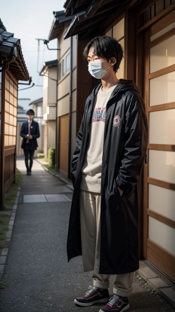 Create an image of the Japanese college student looking at the masked figure, who is standing still and staring at him. The figure is asking something, creating a suspenseful atmosphere."