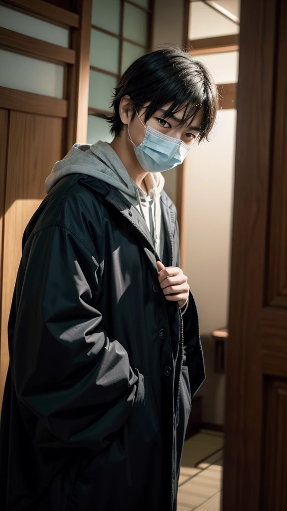 Create an image of the Japanese college student looking at the masked figure, who is standing still and staring at him. The figure is asking something, creating a suspenseful atmosphere."