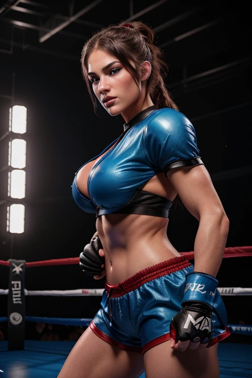 Mma fighter, 20year old woman, detailed beautiful blue eyes, detailed beautiful lips, long eyelashes, revealing fighting outfit, large breasts, full body shot, highly detailed, 8k, photorealistic, dramatic lighting, cinematic, fantasy arena, nsfw, red shorts, boxing stance, photography by Arny Freytag, sweating, seductive