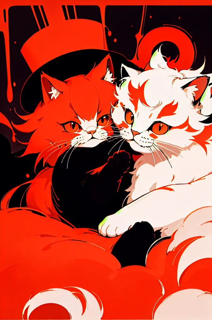 masterpiece, best quality, Ultra-high resolution, A cute cat, beautiful, Visually stunning, elegant, Incredible details, Award-winning paintings, High contrast, Vector Art, Line Art, Splash, Flat Color, color merge gradient, (kitten:0.7), (Crimson theme:1.2), n3on, Luminescence, neon, (Fluffy:1.2), top hat, Cat&#39;s Eye, Serious, Brown