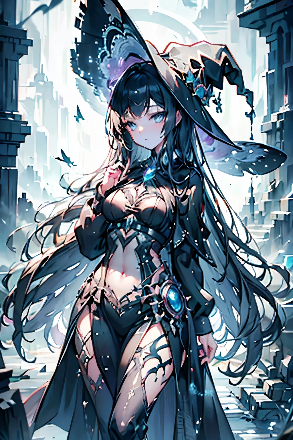 a beautiful woman with a witch's hat, angel wings, detailed face, beautiful eyes, high quality, detailed skin, detailed clothing, dramatic lighting, fantasy digital art, cinematic, dramatic colors, ethereal, glowing, mystical