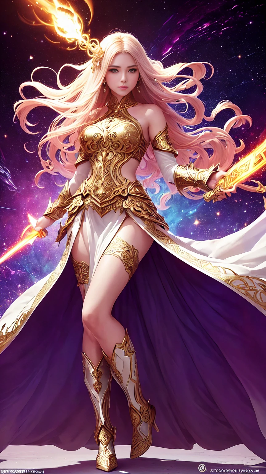 (((full body photo))) HKStyle,Envision a striking woman in battle-worn, (realistic skin:1.5), (beautiful face:1.4), white armor, her presence exuding both strength and grace within a minimalist, pure white sanctum. ((Full body photo,standing, feet on the ground)) Her armor, though predominantly pristine, is artfully adorned with a cascade of celestial motifs and intricate filigree that shimmer with a subtle iridescence. In her hand, a formidable sword with an ornate hilt and a blade that reflects a kaleidoscope of ethereal colors, as if forged from the very essence of light. The wall behind her comes alive with an explosion of vibrant, cosmic paint splatters, reminiscent of a supernova, with hues of deep purples, fiery oranges, and celestial blues that create a stark contrast against the white room and armor. The vivid paint seems to be in motion, ((Full body photo,standing, feet on the ground)) with droplets suspended in the air, capturing the aftermath of a mythical battle. Her stance is one of defiant beauty, eyes that tell tales of ancient wars, her hair a flowing tapestry of gold that catches the light of the surrounding chaos. The scene is imbued with an otherworldly glow, adding a sense of surreal drama to the composition, making it not just a picture, but a story of the cosmos itself woven into the very fabric of her being