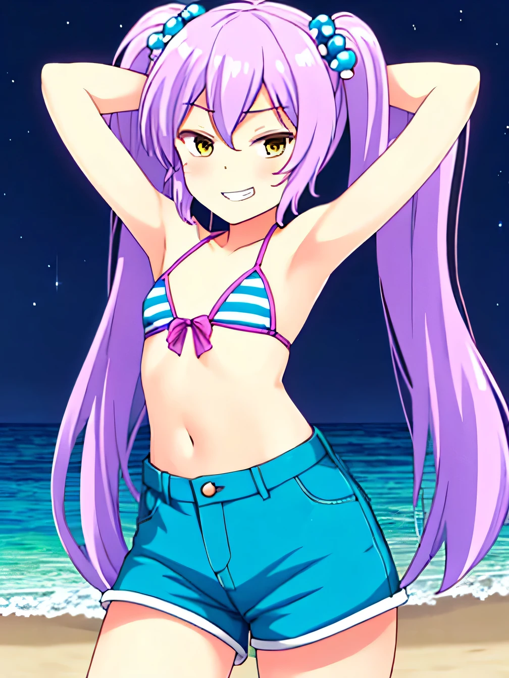 himejimakinoko, solo, 1girl, light purple hair, twintails, hair bobbles, polka dot bikini, very long hair, yellow eyes, striped shorts, flat chest, high quality, solo, night sky, beach, arms behind head, contrapposto, closed mouth, spread armpits, (cowboy shot:1.5), looking at viewer, grin, best quality,