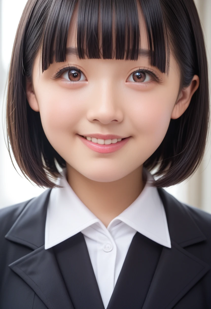 score_9,score_8_up,score_7_up,masterpiece,best quality, source anime, photorealistic, hyperrealistic, super detailed, extreme detailed, rating_explicit,
1girl, standing, upper body, (close-up face:1.3),
BREAK girl, 22yo, short hair, bob cut, (blunt bangs), black hair, (tareme, detailed cute brown eyes), curled eyelashes, (large breasts:0.9), 
slender, small ass, slim legs,
white collared shirt, black jacket, black tight mini skirt,
smile,
office,