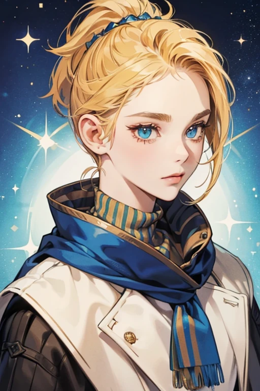 she has short, spiky pale brown or blond hair with sideburns, and eyes that have varied between being amber, green, or blue sHe has a small vertical scar on his forehead over her right eyebrow. sHe also wears a long, blue and white striped scarf, SPARKLE; GLITTER