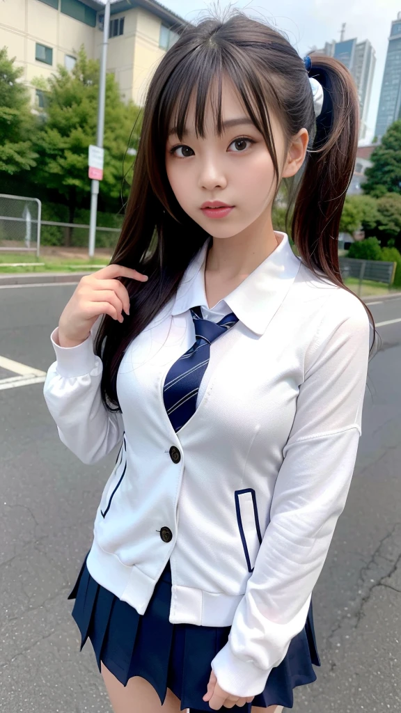 Mix 4, (16K, RAW Photos, Best image quality, masterpiece: 1.45), (Realistic, Photorealistic: 1.37), One Girl, cute, Cityscape,, Professional Lighting, Photon Mapping, School classroom, Physically Based Rendering, Dark brown hair,Ponytail Hairstyles, Beautifully groomed eyes、((double eyelid))、super cute girl, (((school uniform、blazer、Long-sleeved shirts worn by Japanese high school girls、Ribbon tie、Navy blue mini skirt,、Dark blue socks、Black Loafers))), Highest quality photos, High resolution 1080p, (Clear Face), (Detailed facial depiction), (Detailed description of the hand), (masterpiece), (Detailed CG)、Extreme light and shadow、Messy Hair、masterpiece、Rich details、(Detailed facial features)、(Highest quality photos)、(Masseter muscle area)、(Detailed eyes)、Look in front of you、Thin clavicle、((Thin and large))、(((Japanese high school girls wear jackets and long-sleeved shirts)))、((A proper idol))、((school gate、Schoolyard、School building in the background))、(Take photos from random perspectives)、(((Anyway it is&#39;s cute)))、Earrings、Big smile、Drawing the whole body from the knees、Don&#39;t draw thin lines、(((Sports bags used by Japanese female students)))、Big toned buttocks、(((from the front:0.7)))、bare hands、(((Symmetrical eyes)))、(masterpiece, Professional Lighting, 16K, 8k wallpaper, RAW Photos, Realistic:1.8, Super detailed, Natural soft lighting, Detailed skin, Detailed face, Fine grain, Texture Skin, Structure of the film, Detailed Background:1.2 ), View your viewers, Embarrassed face, Laughter , smile, Embarrassing, Grin:0.7, Silky skin, Glossy Lips, ((Attractive feminine body)), beauty、((whole body))、(((Photo taken from below))), Slender body, cute, beauty, shirt unbuttoned and open, Nude, nipples visible, genitalia visible, not wearing bra, not wearing panties, lying on bed, viewer can see female genitalia and nipples, front, provocative smile on viewer's face, Full body figure, baby face, Bold Pose, Big breasts, Crotch open, Squatting cowgirl, Slender body, cute, Beauty