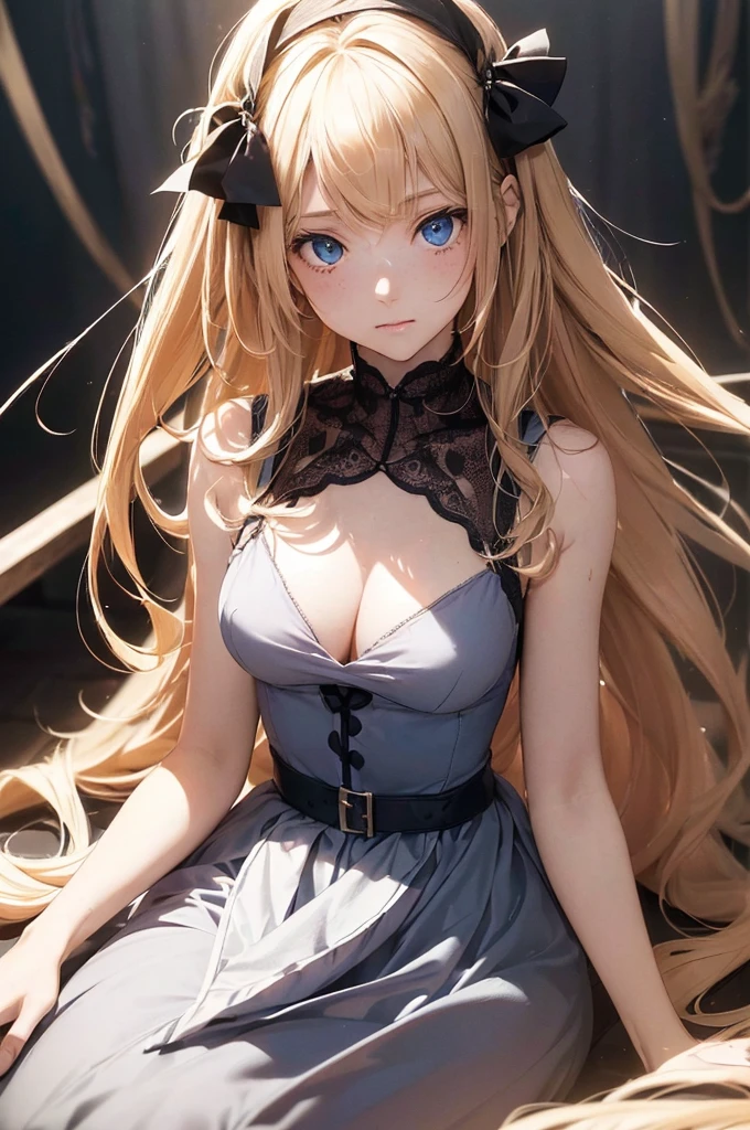 ((1 Female, 1 person, Solitary) Alice,  Humanity, Long curly blond hair, blue eyes, freckle, teenager, 18 years, Rebirth_ongoing) (Main Part, Super detailed, 8K, (HD, Sunlight:0.5, Soft_shadow:0.5, atmosphere_light, 8K, 4K, Surrealism, elegant, ((((Appearance)))), Soft Ton, 柔和的light))(((Dark, Chiaroscuro)))