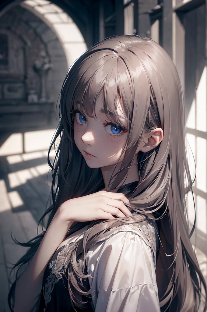 ((1 Female, 1 person, Solitary) Alice,  Humanity, Long curly blond hair, blue eyes, freckle, teenager, 18 years, Rebirth_ongoing) (Main Part, Super detailed, 8K, (HD, Sunlight:0.5, Soft_shadow:0.5, atmosphere_light, 8K, 4K, Surrealism, elegant, ((((Appearance)))), Soft Ton, 柔和的light))(((Dark, Chiaroscuro)))