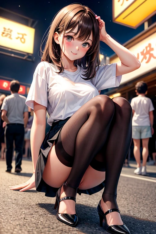 {of the highest quality], [Super beautiful], [Ultra fine], [best illustration], NSFW,Brown hair, hime cut, wide, with bangs, girl,ol,white short sleeve shirt,black tight skirt,SMILE, blush, Thin women, adult women,make a pose,(public),night park,summer festival,diagonal, Bare feet and pumps, Plain black pumps