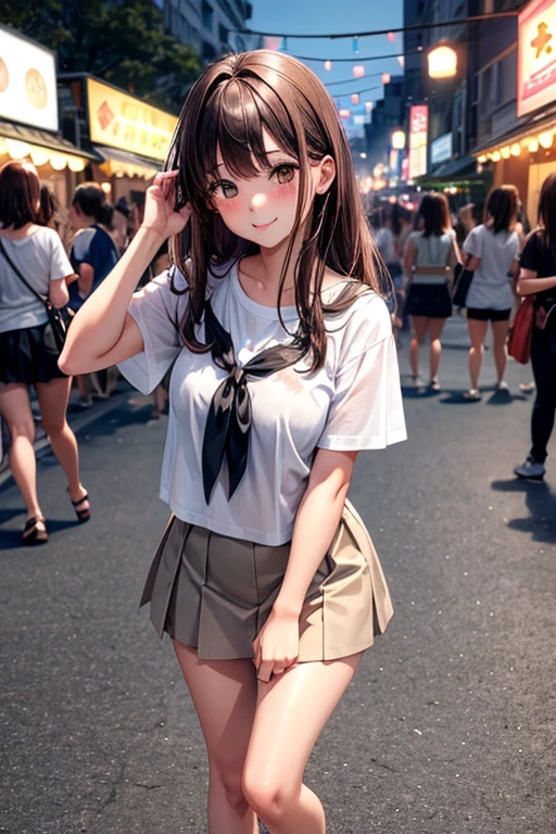 {of the highest quality], [Super beautiful], [Ultra fine], [best illustration], NSFW,Brown hair, hime cut, wide, with bangs, girl,ol,white short sleeve shirt,black tight skirt,SMILE, blush, Thin women, adult women,make a pose,(public),night park,summer festival,diagonal, Bare feet and pumps, Plain black pumps