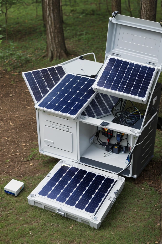 
Imagine a model that represents a compact system with solar panels on top to capture sunlight. These panels are connected to a small energy storage device, like a battery, shown inside the mockup. From this battery, There are simulated cables that connect to various miniature electronic devices, such as mobile phones or flashlights, demonstrating how the SolarPak can power these devices. The design could also include visual details that represent an outdoor environment, like a camp or emergency situation, to contextualize the practical use of the SolarPak.
