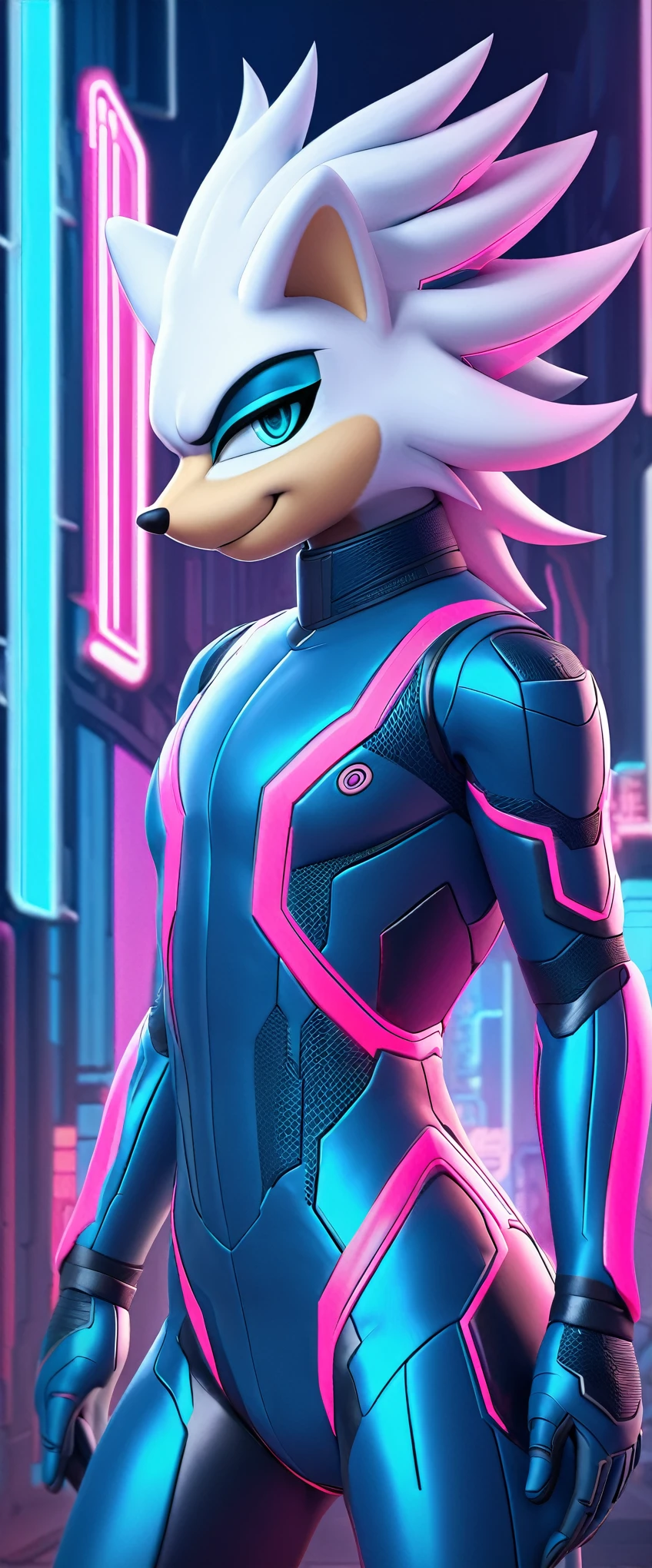 (((masterpiece:1.5, 4K, 8K))), a (((full body:1.5))) high quality digitally drawn rendered image ((by SEGA)) of A solo male anthro ((silver—white hedgehog)), with glowing blue eyes, ((metallic blue eyeliner:1.5)), (((tan muzzle))), wearing a (((sci-fi bodysuit))) stands in a neon-lit cyberpunk city The android's bodysuit is adorned with (((bright teal coloring:1.5))) with (((neon pink accents:1.4))), and intricate android seams, creating a futuristic look. the android has a seductive smirk on his face