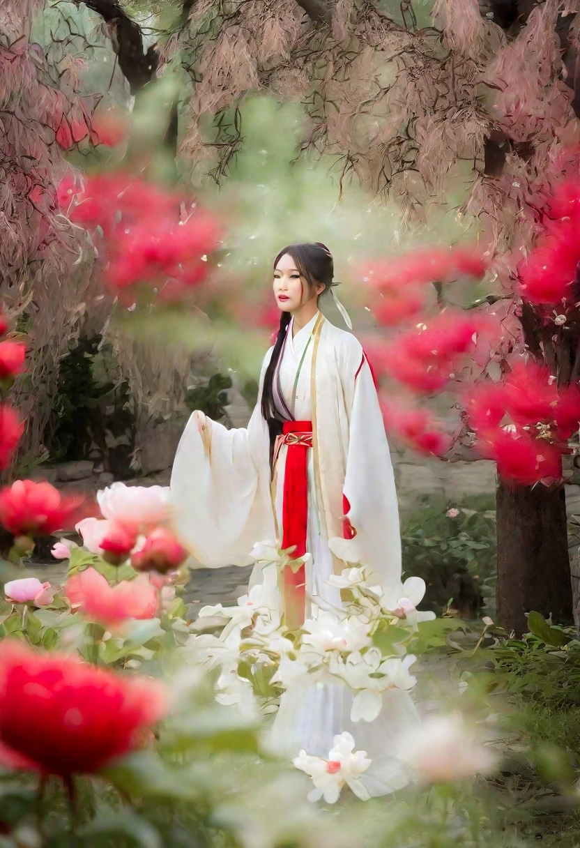 a woman wearing a white dress walking in a garden with red and white peony flowers in the foreground, a girl wearing hanfu traditional chinese clothing, long flowing hair and robe, ancient chinese garden background